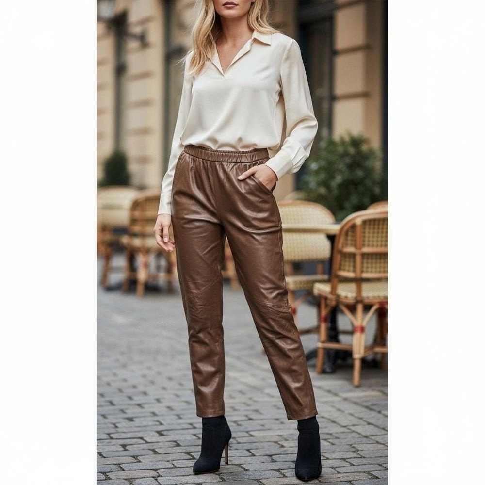 Charles Klein Vintage 90s Leather Pants S Chocolate Brown High Rise Retro Moto